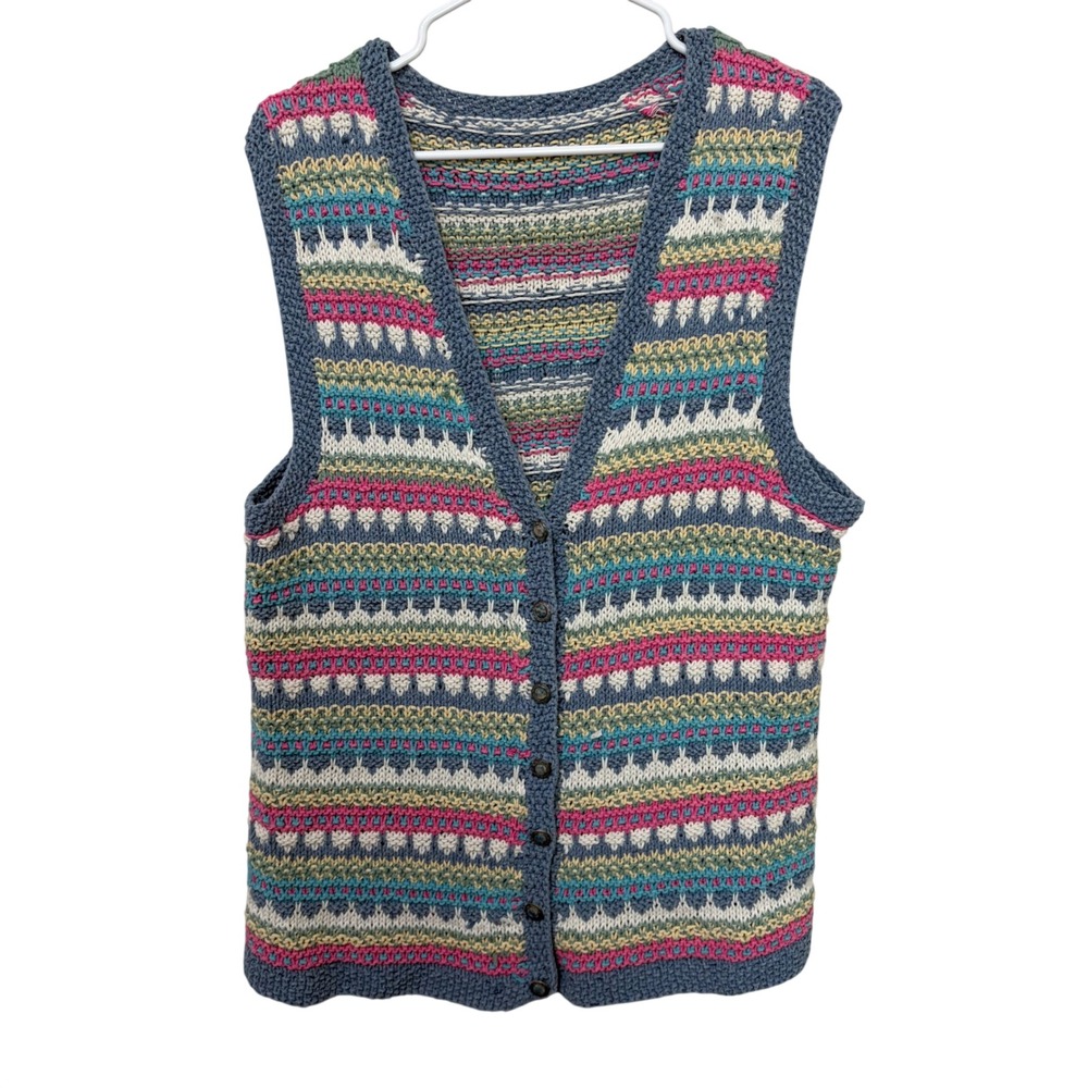 Vintage Handmade Multicolor Knit Sweater Vest Button Front Boho V-Neck Blue Pink